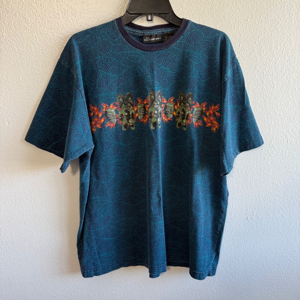 Vintage No Boundaries Mens Large Blue Teal Hawaiian Tiki Head Shirt Surfer Y2K
